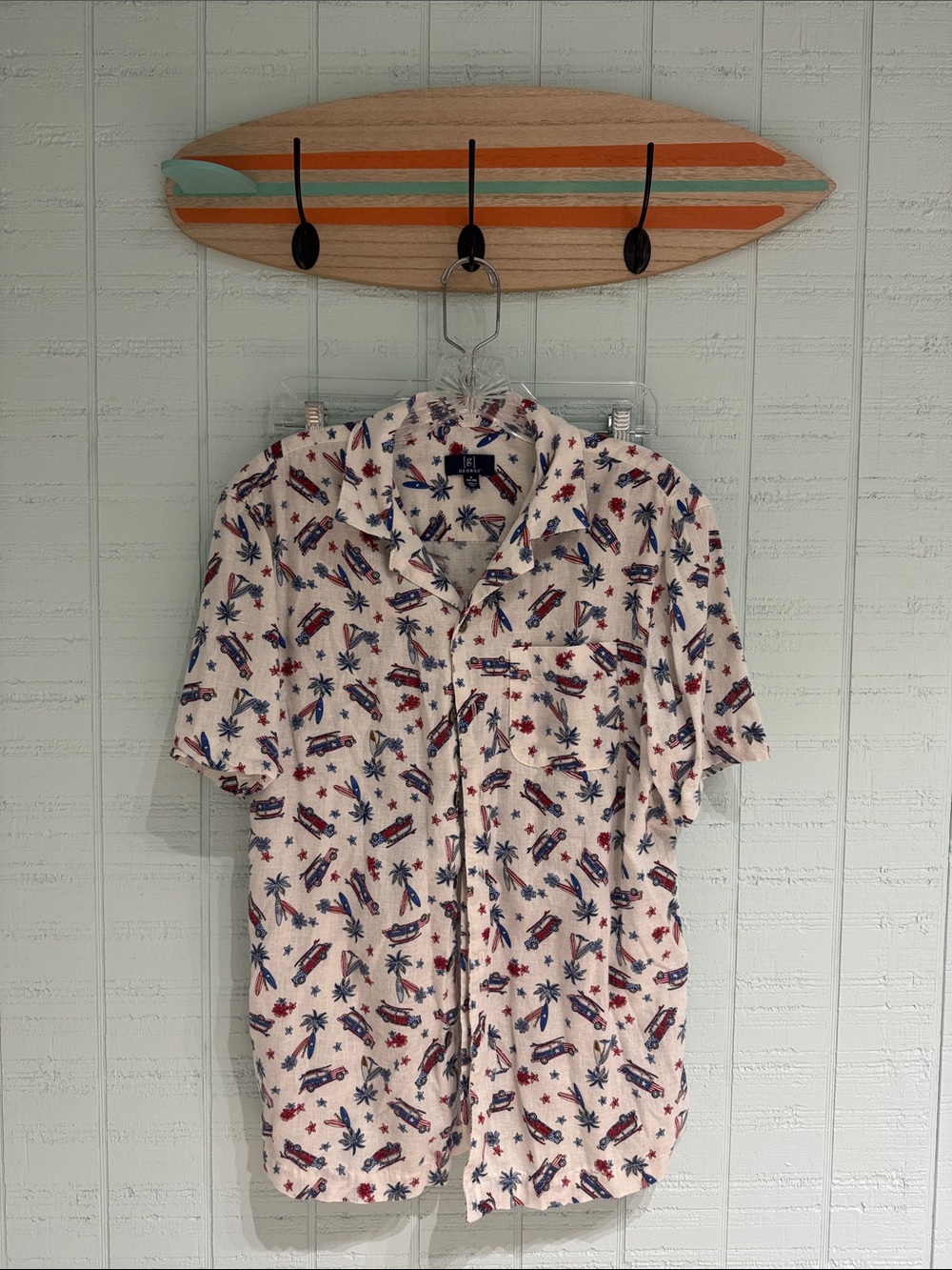 George White Short-Sleeve Patriotic Tropical Print Button-Down Shirt